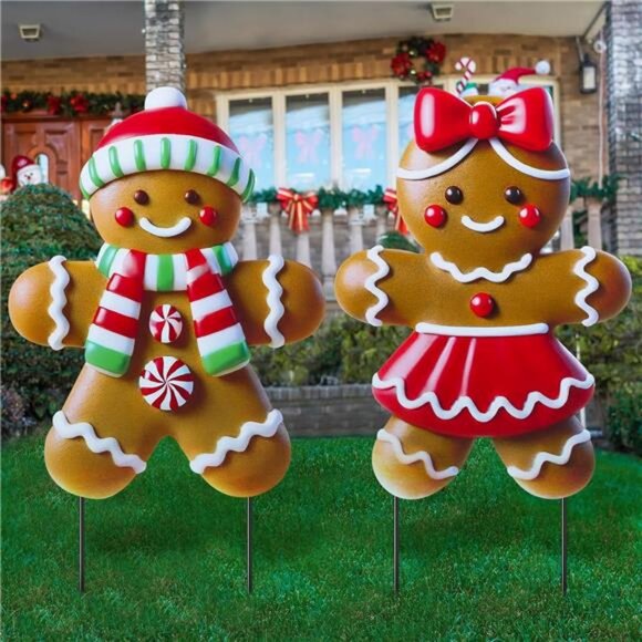 Amazon.com: Hourleey 2 Pack Christmas Metal Stakes, 24.8  2 Pack Christmas Metal Stakes 3D Gingerbread Boy and Girl Yard Sign Stake